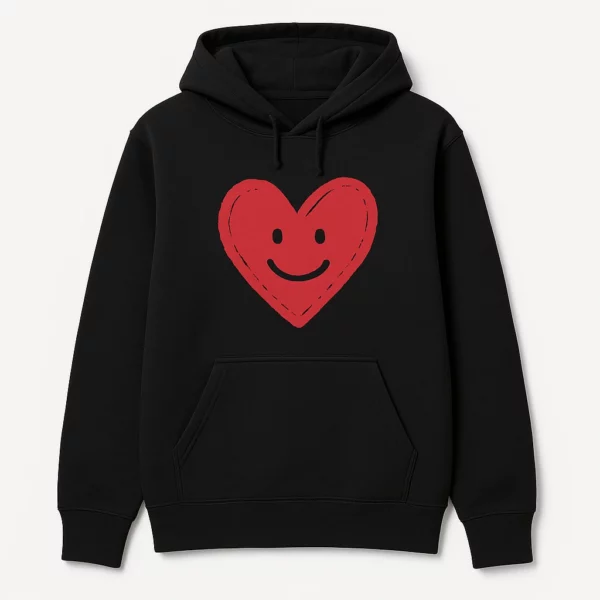 Comfortable Solid-Color Hoodie with Hand-Drawn Heart and Smiling Face Design