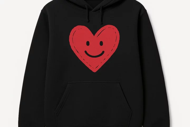 Comfortable Solid-Color Hoodie with Hand-Drawn Heart and Smiling Face Design