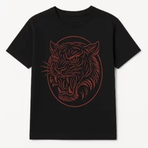 Tiger Head Line-Art Tattoo T-Shirt - Bold Monochrome Design for Dark Colors