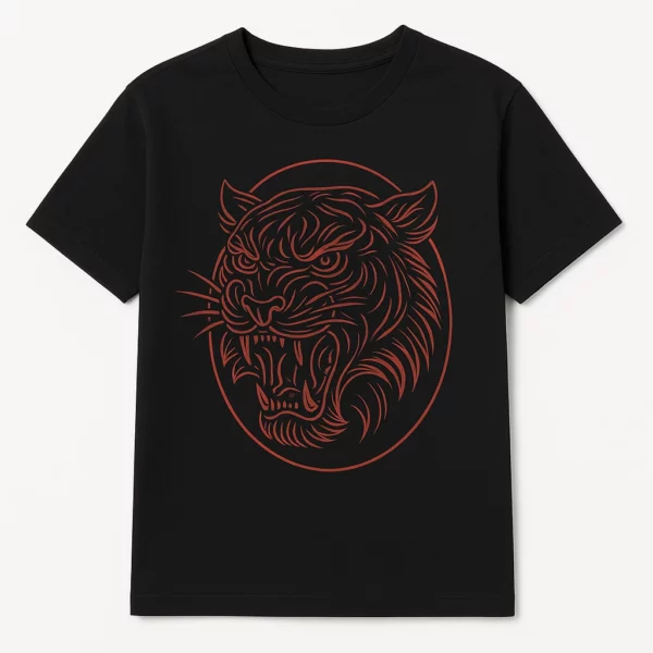 Tiger Head Line-Art Tattoo T-Shirt – Bold Monochrome Design for Dark Colors