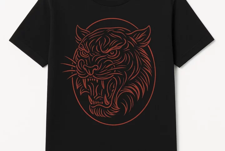 Tiger Head Line-Art Tattoo T-Shirt - Bold Monochrome Design for Dark Colors